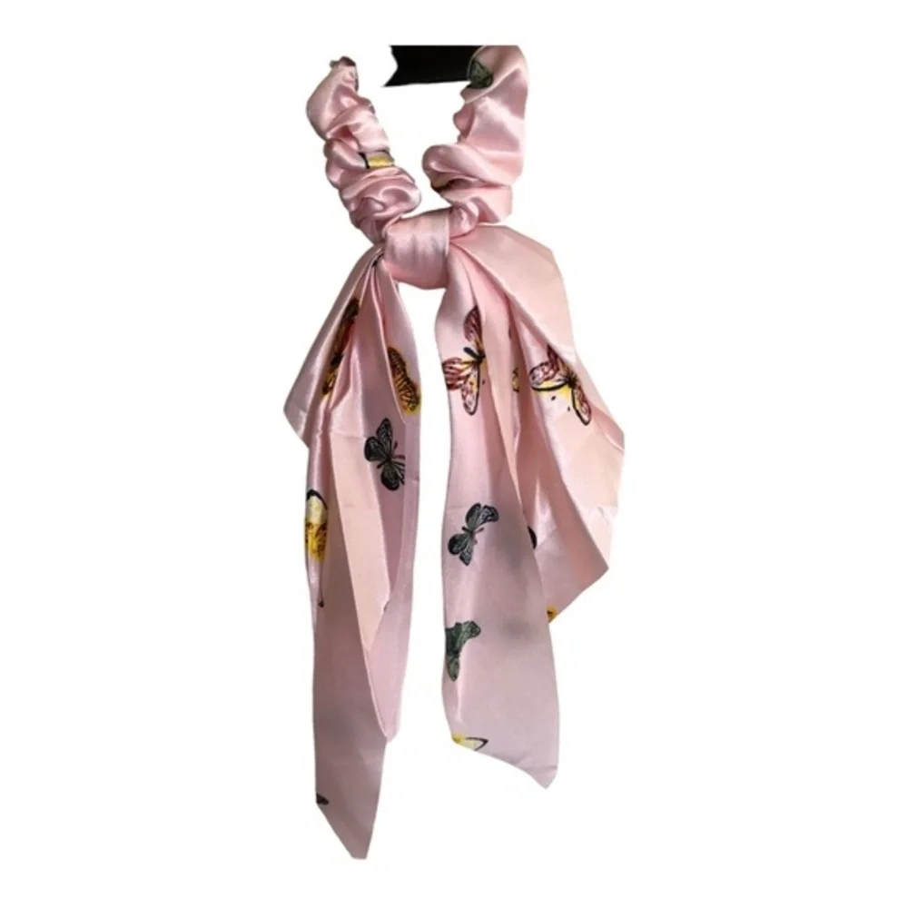 4 Butterfly print satin‎ look black, pink, blue ivory hair scrunchie scarves new